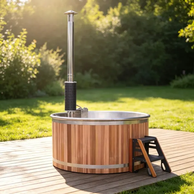 Bain nordique Inari rond 180 cm, cèdre rouge et cuve inox, poêle intégré