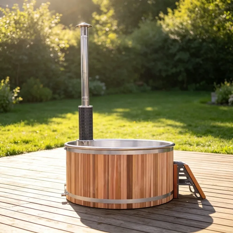 Bain nordique Inari rond 180 cm, cèdre rouge et cuve inox, poêle intégré