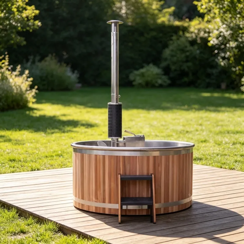 Bain nordique Inari rond 180 cm, cèdre rouge et cuve inox, poêle intégré, vue 3 sur 10