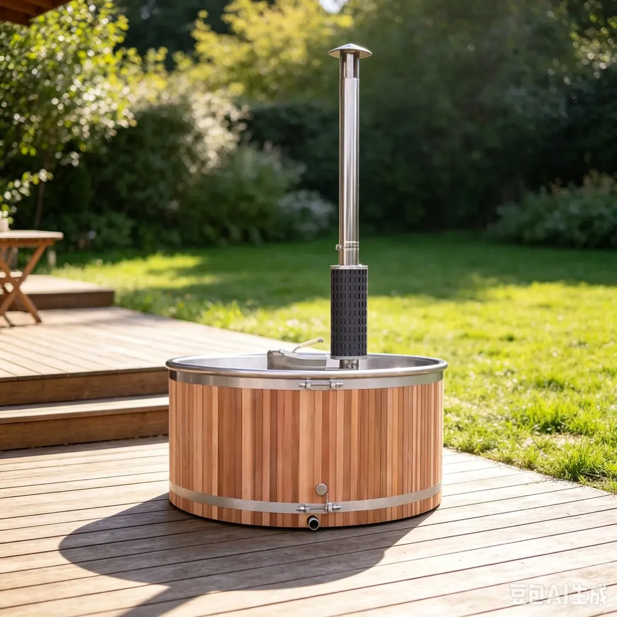 Bain nordique Inari rond 180 cm, cèdre rouge et cuve inox, poêle intégré, vue 4 sur 10
