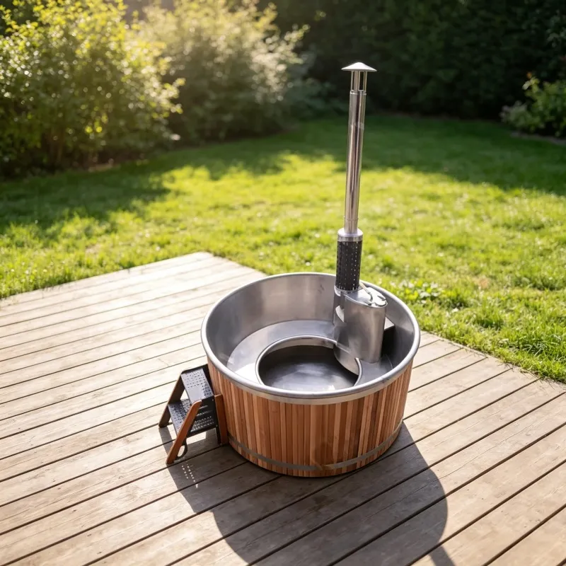 Bain nordique Inari rond 180 cm, cèdre rouge et cuve inox, poêle intégré, vue 5 sur 10