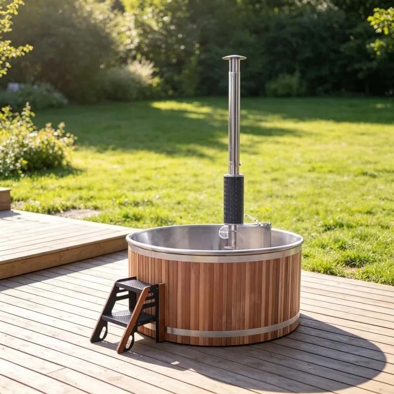 Bain nordique Inari rond 180 cm, cèdre rouge et cuve inox, poêle intégré, vue 6 sur 10