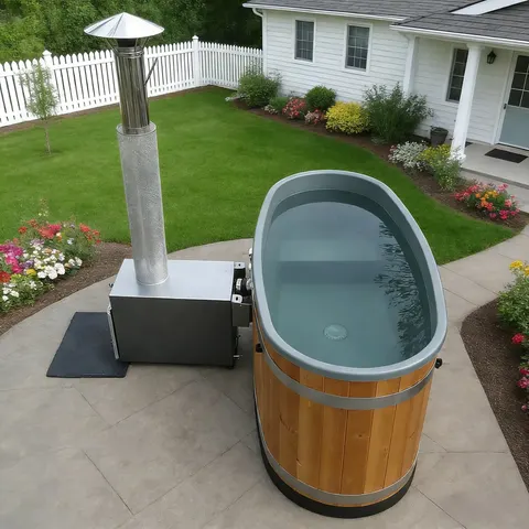 Bain nordique Kemi ovale profond, habillage bois, poêle extérieur
