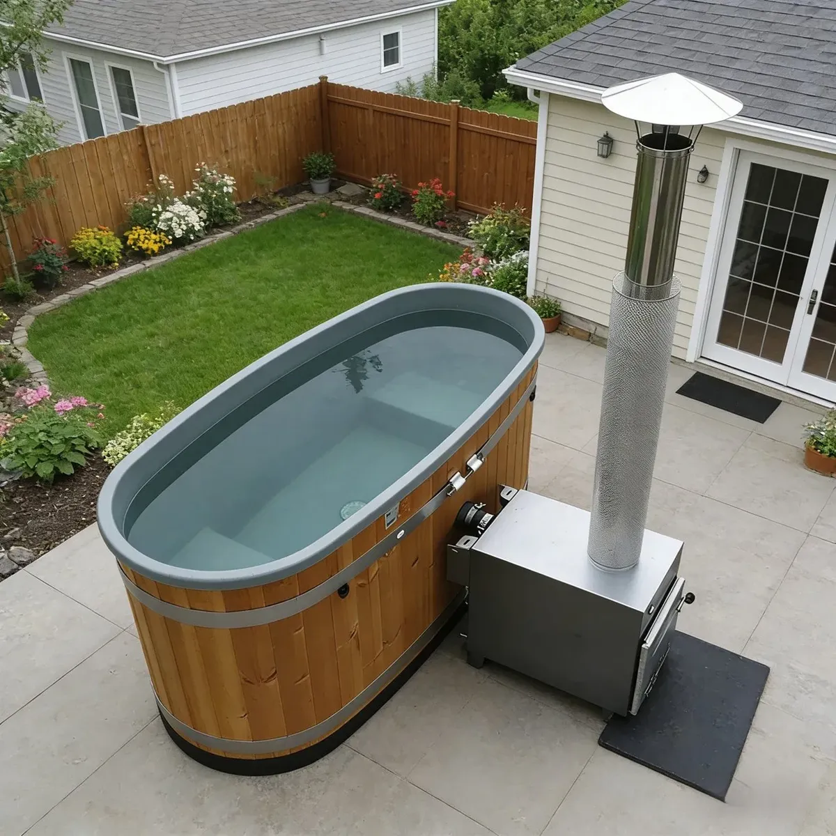 Bain nordique Kemi ovale profond, habillage bois, poêle extérieur, vue 2 sur 7