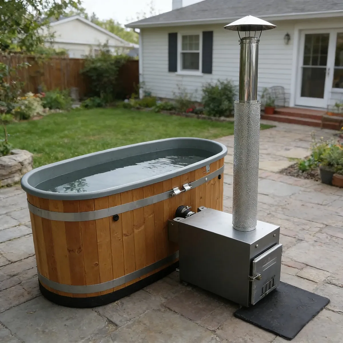 Bain nordique Kemi ovale profond, habillage bois, poêle extérieur, vue 5 sur 7