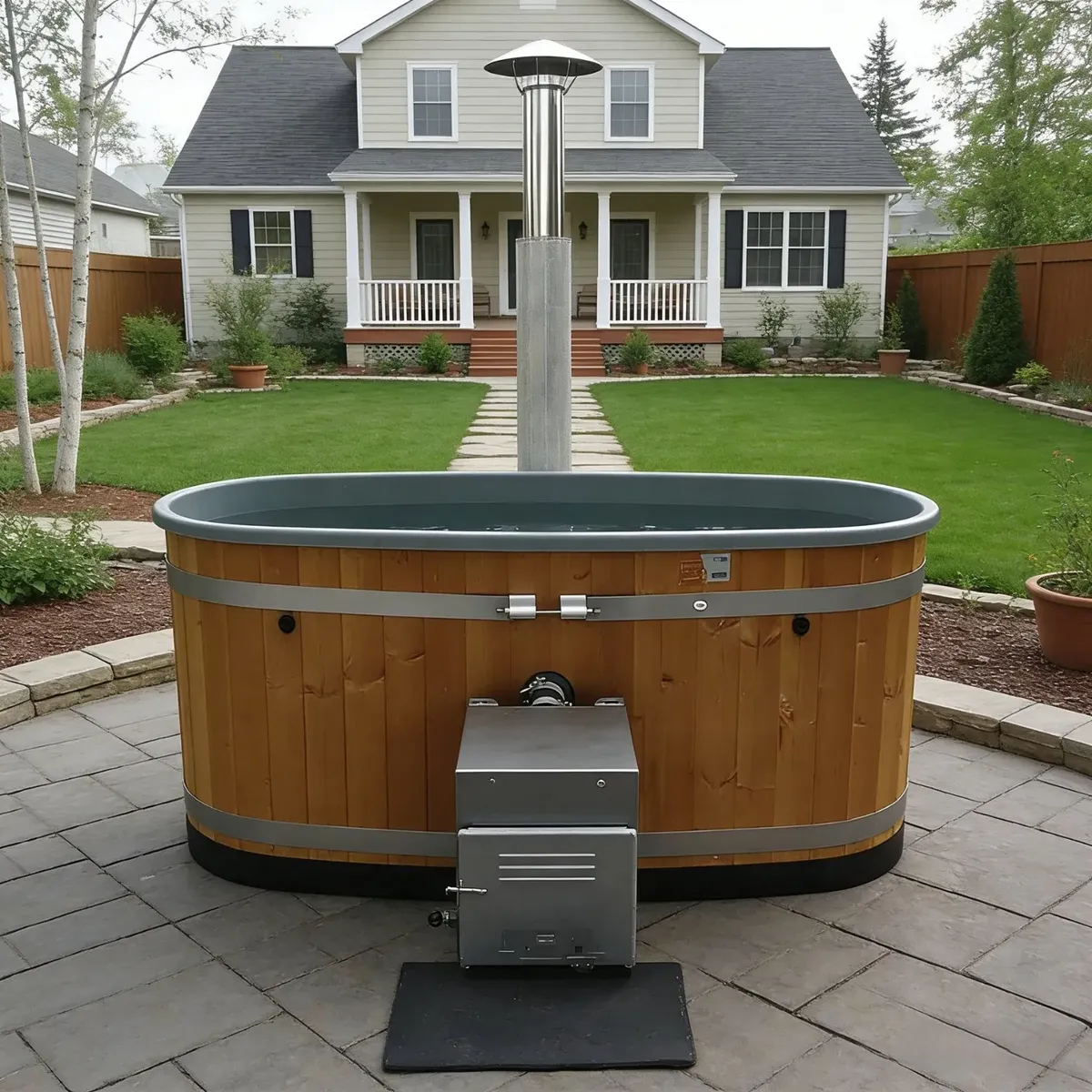 Bain nordique Kemi ovale profond, habillage bois, poêle extérieur, vue 7 sur 7