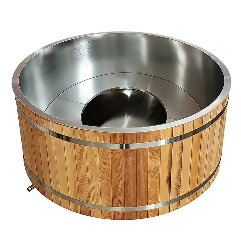 Bain nordique Lofoten rond 150 cm, cèdre rouge et cuve inox, poêle extérieur