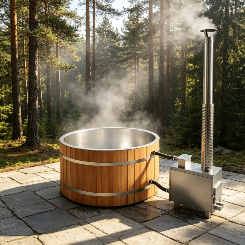 Bain nordique Lofoten rond 150 cm, cèdre rouge et cuve inox, poêle extérieur