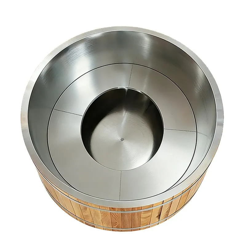 Bain nordique Lofoten rond 150 cm, cèdre rouge et cuve inox, poêle extérieur, vue 5 sur 10