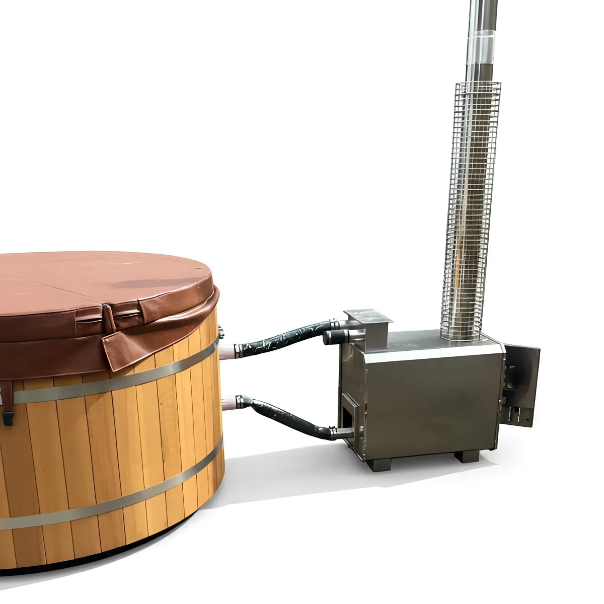 Bain nordique Lofoten rond 150 cm, cèdre rouge et cuve inox, poêle extérieur, vue 6 sur 10