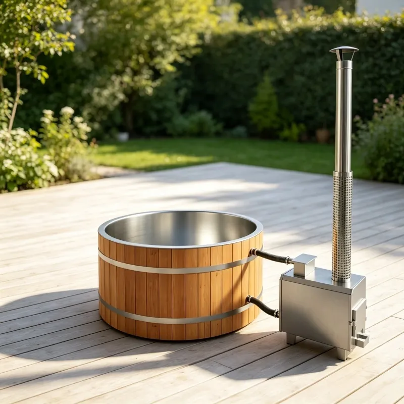 Bain nordique Lofoten rond 150 cm, cèdre rouge et cuve inox, poêle extérieur, vue 9 sur 10
