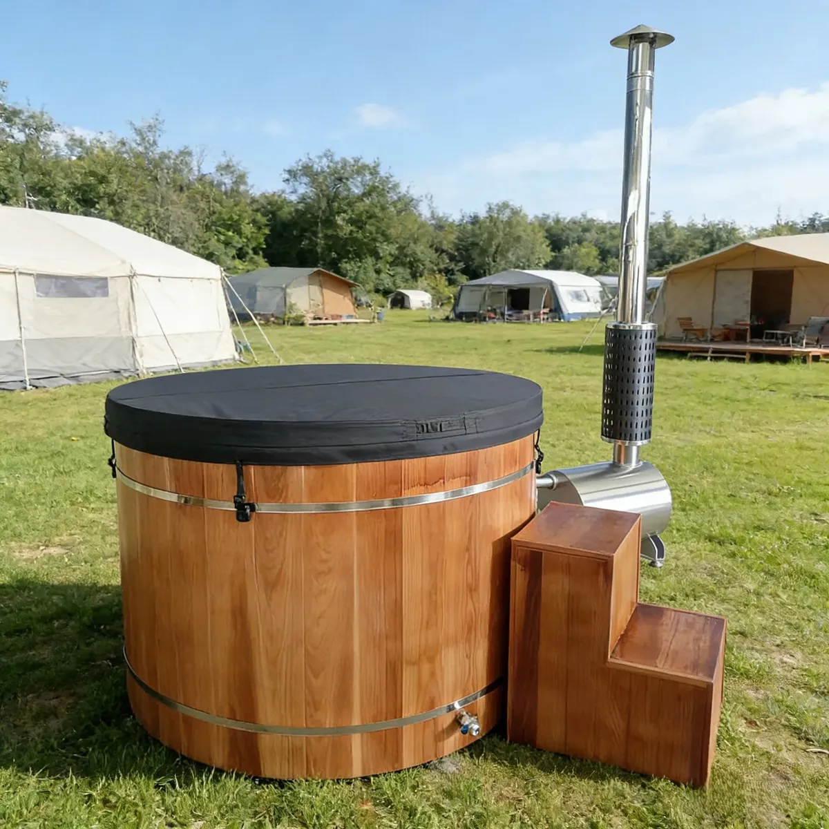 Bain nordique Oulu rond, cuve inox, poêle extérieur, vue 2 sur 10