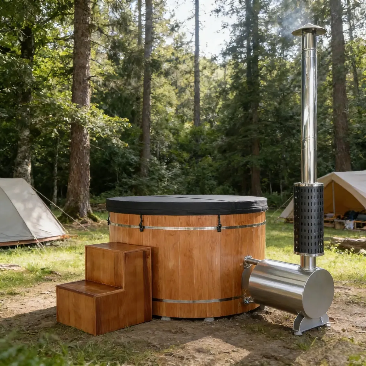 Bain nordique Oulu rond, cuve inox, poêle extérieur, vue 5 sur 10
