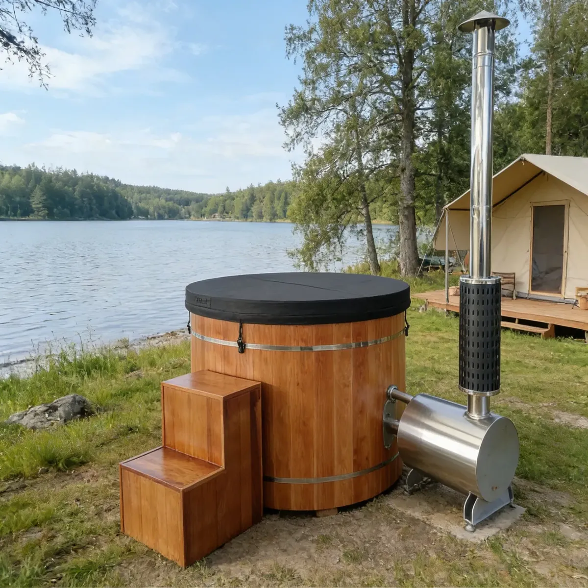 Bain nordique Oulu rond, cuve inox, poêle extérieur, vue 6 sur 10