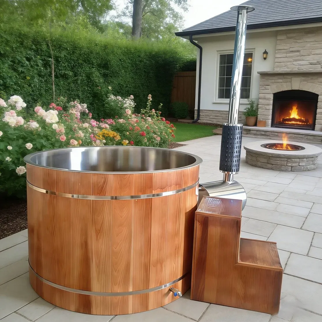 Bain nordique Oulu rond, cuve inox, poêle extérieur, vue 8 sur 10