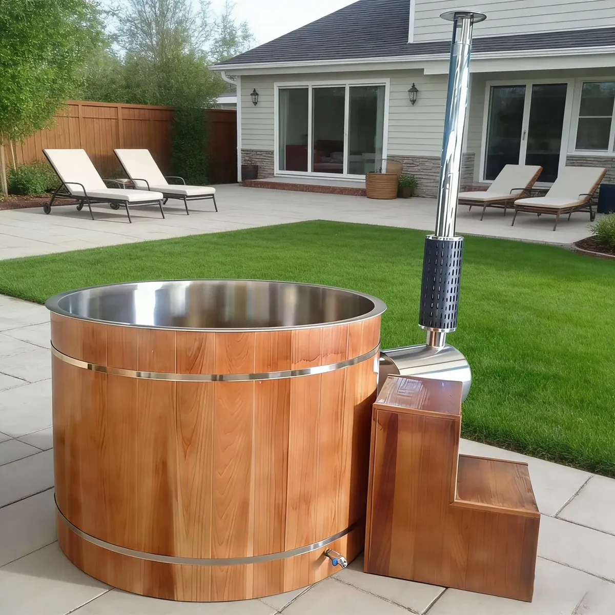 Bain nordique Oulu rond, cuve inox, poêle extérieur, vue 9 sur 10
