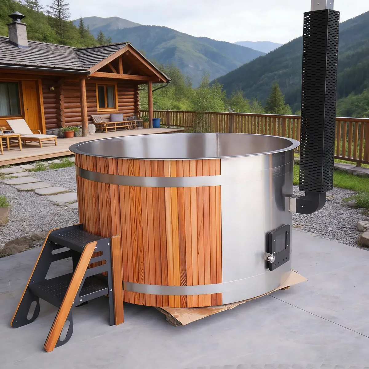 Bain nordique Saimaa rond, cèdre rouge et cuve inox, poêle intégré