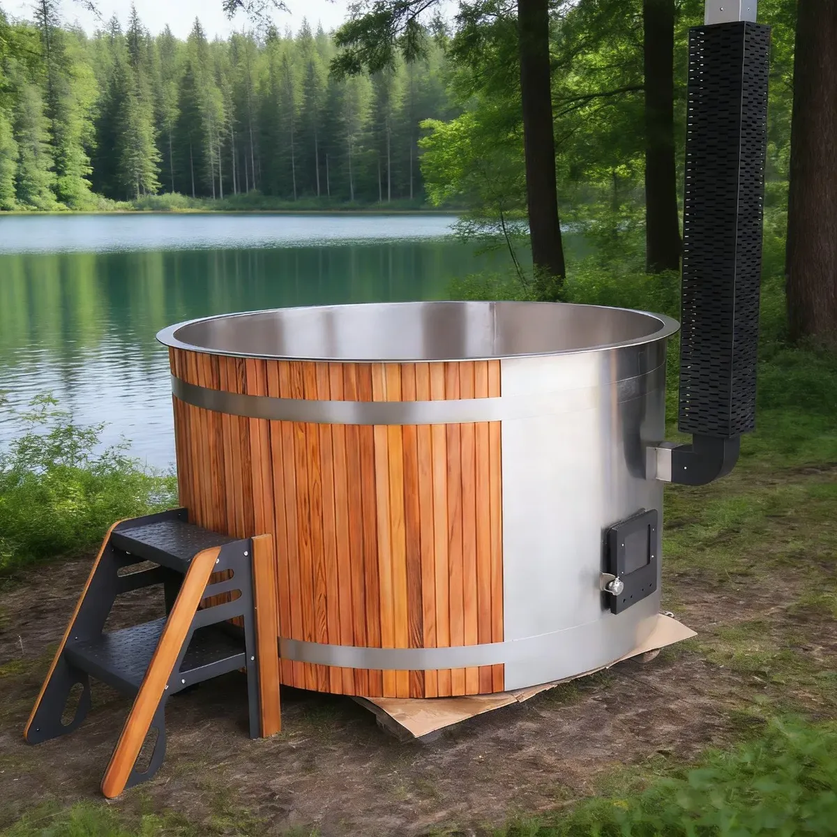 Bain nordique Saimaa rond, cèdre rouge et cuve inox, poêle intégré