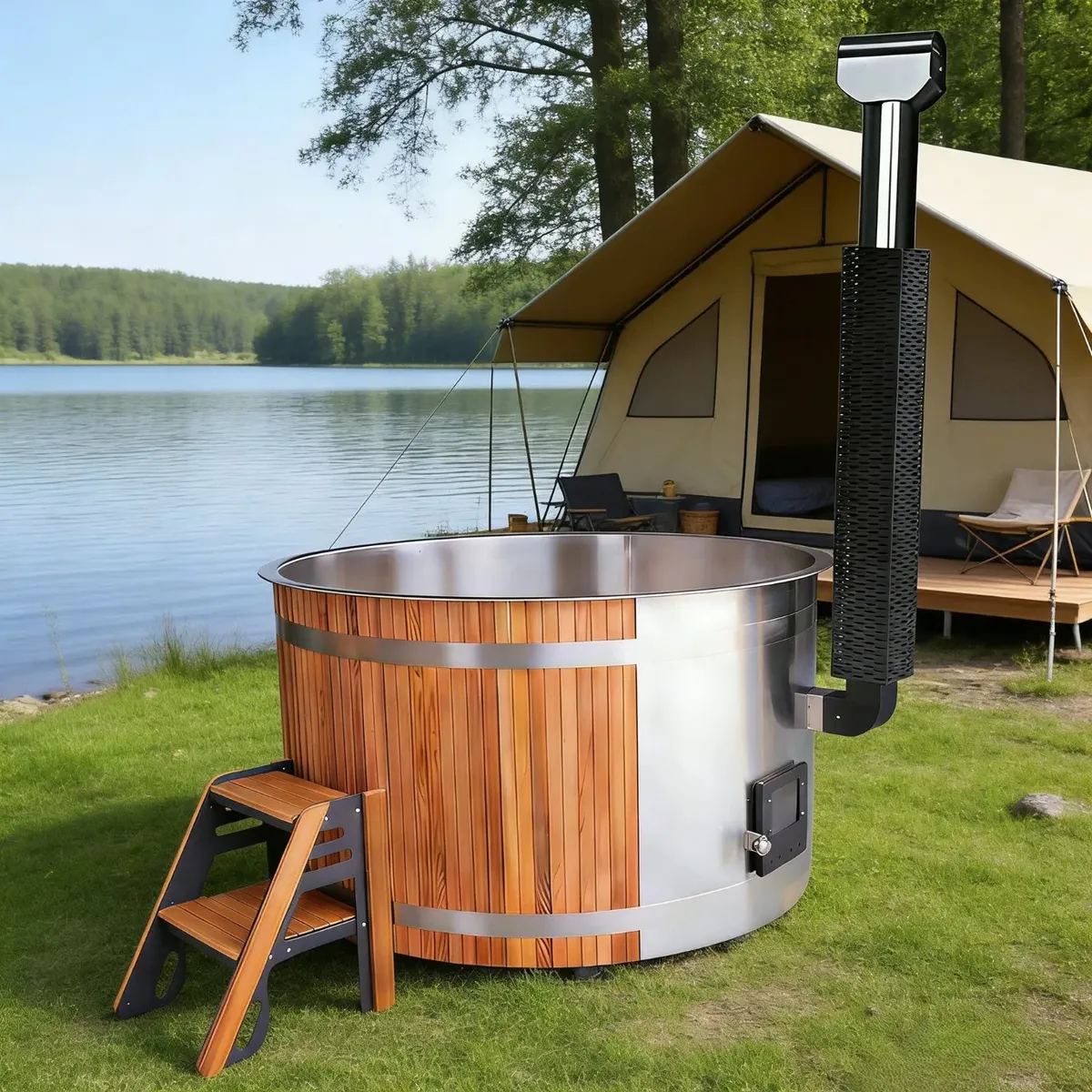 Bain nordique Saimaa rond, cèdre rouge et cuve inox, poêle intégré, vue 4 sur 10