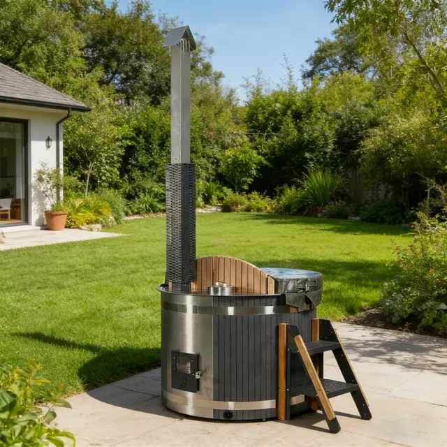 Bain nordique Senja rond compact, composite anthracite et cuve inox, poêle intégré