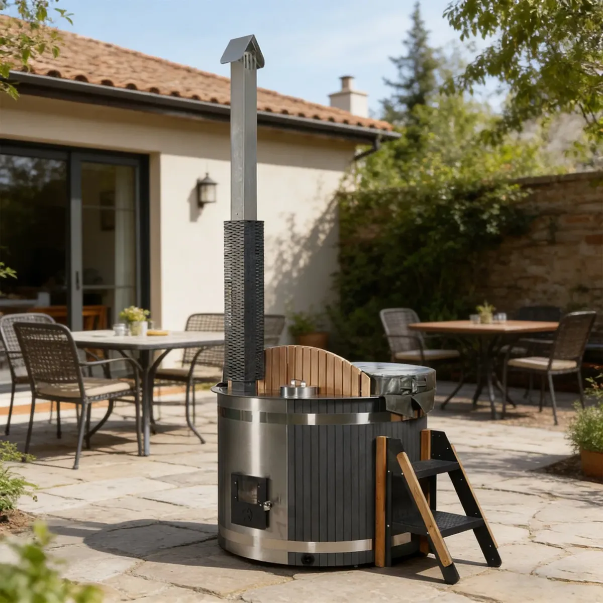 Bain nordique Senja rond compact, composite anthracite et cuve inox, poêle intégré, vue 3 sur 7