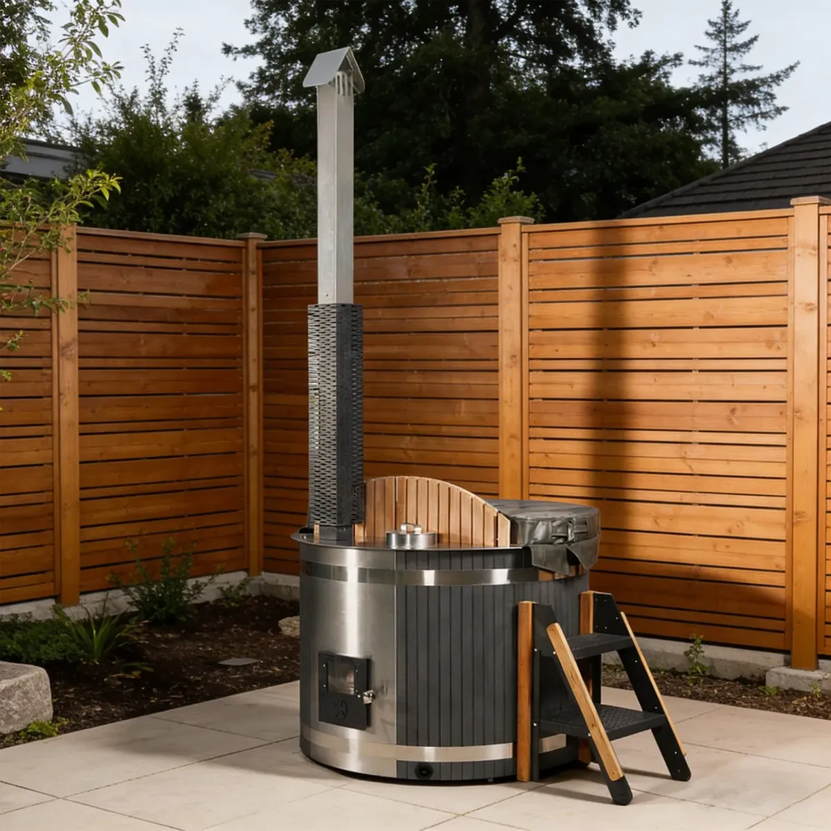 Bain nordique Senja rond compact, composite anthracite et cuve inox, poêle intégré, vue 4 sur 7