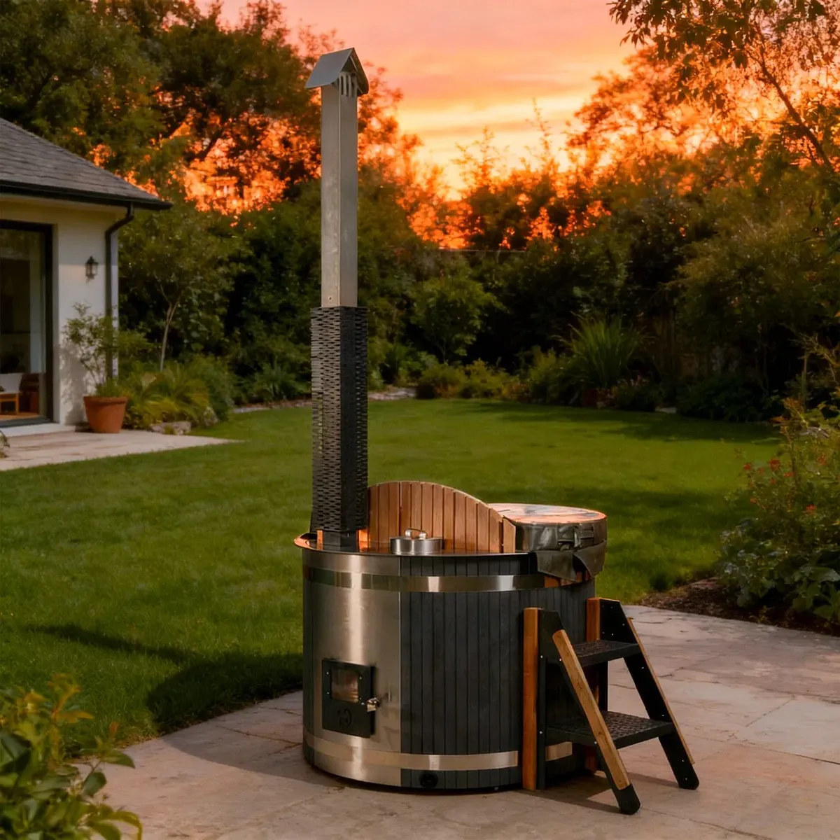 Bain nordique Senja rond compact, composite anthracite et cuve inox, poêle intégré, vue 6 sur 7