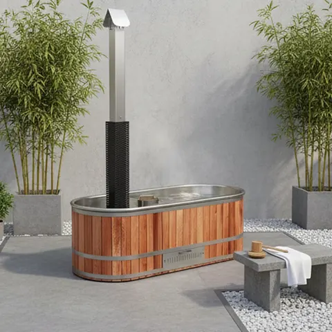 Bain nordique Siljan ovale, cèdre rouge et cuve inox, poêle intégré